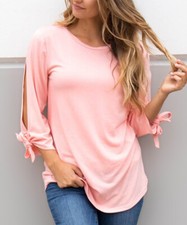 Tickled Teal Women Salmon Tie-Sleeve Cutout Tee Size L Org $34