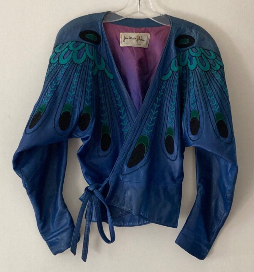 Vintage Jean Claude Jitrois Blue Leather Peacock Feather Cropped Jacket 1985 S/M image 2