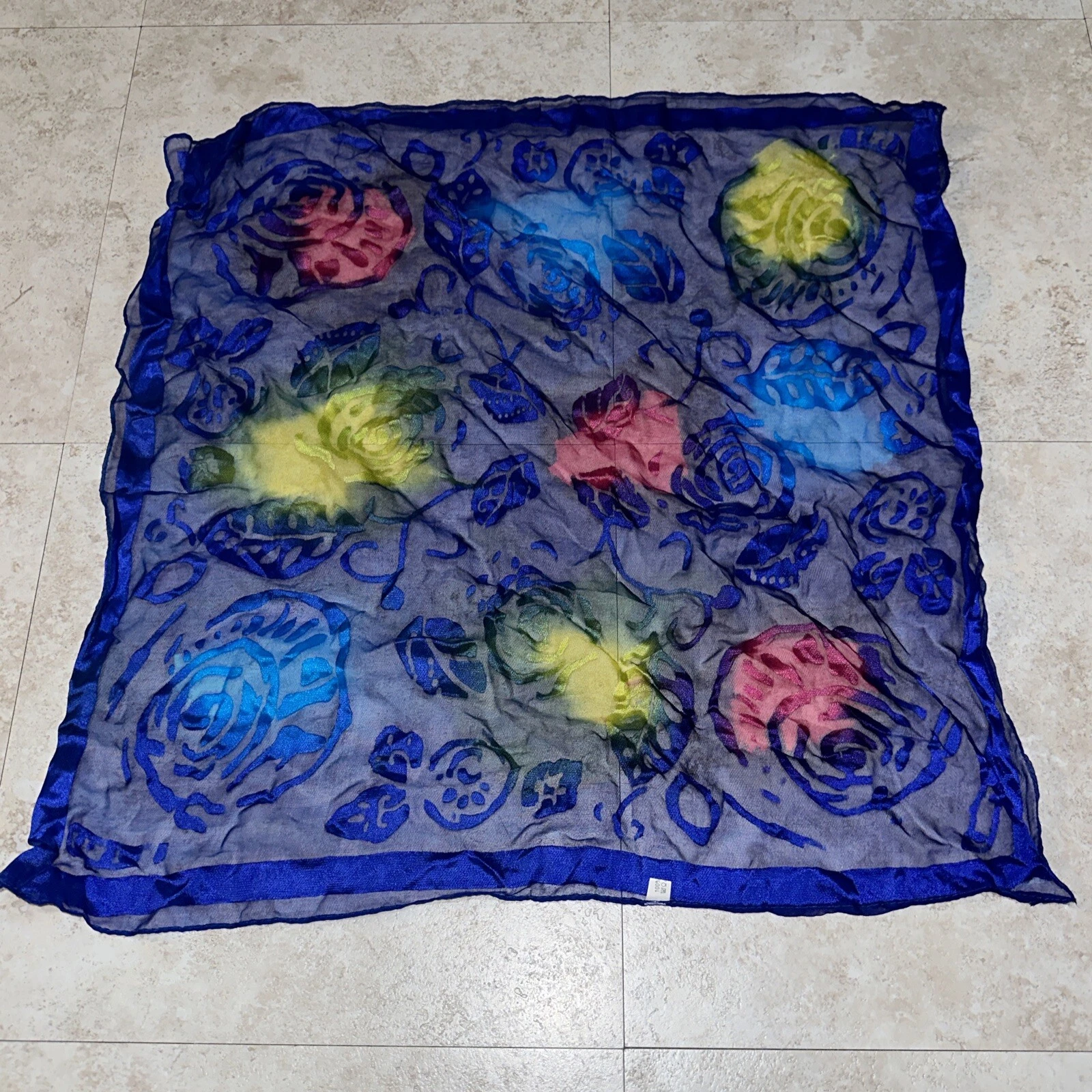 Vintage 100% Silk Red Blue Yellow Floral Sheer Square Scarf Women neckerchief