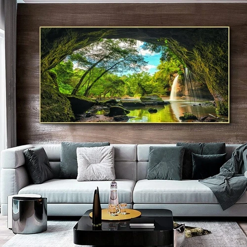 Landscape Picture Hole Tree Waterfall Canvas Painting Home Decor Poster Wall Art - Picture 2 of 6