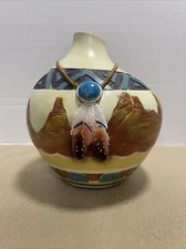 Hand Painted Rustic Floral Vase Countertop Aztec Maya Feathers Home Decoration