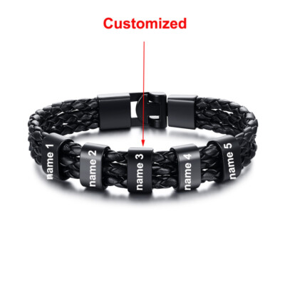Personalized Black Braid Bracelet For Men - Custom Engraved Name Beads Gift For Dad, Boyfriend, Father's Day