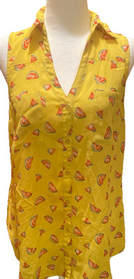 BCX Blouse Top Button Up Sleeveless Yellow Tank Collar Watermelon Sz Medium