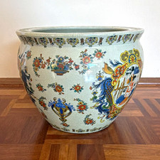 Gro&szlig;er Vintage &Uuml;bertopf 36 cm Asia Dekor Keramik Craquel&eacute; Pflanzgef&auml;&szlig; Bodenvase