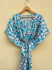 Indian Sky Blue Kitty Handmade Cotton Kaftan Maxi Dress Women's Clothing Gown US