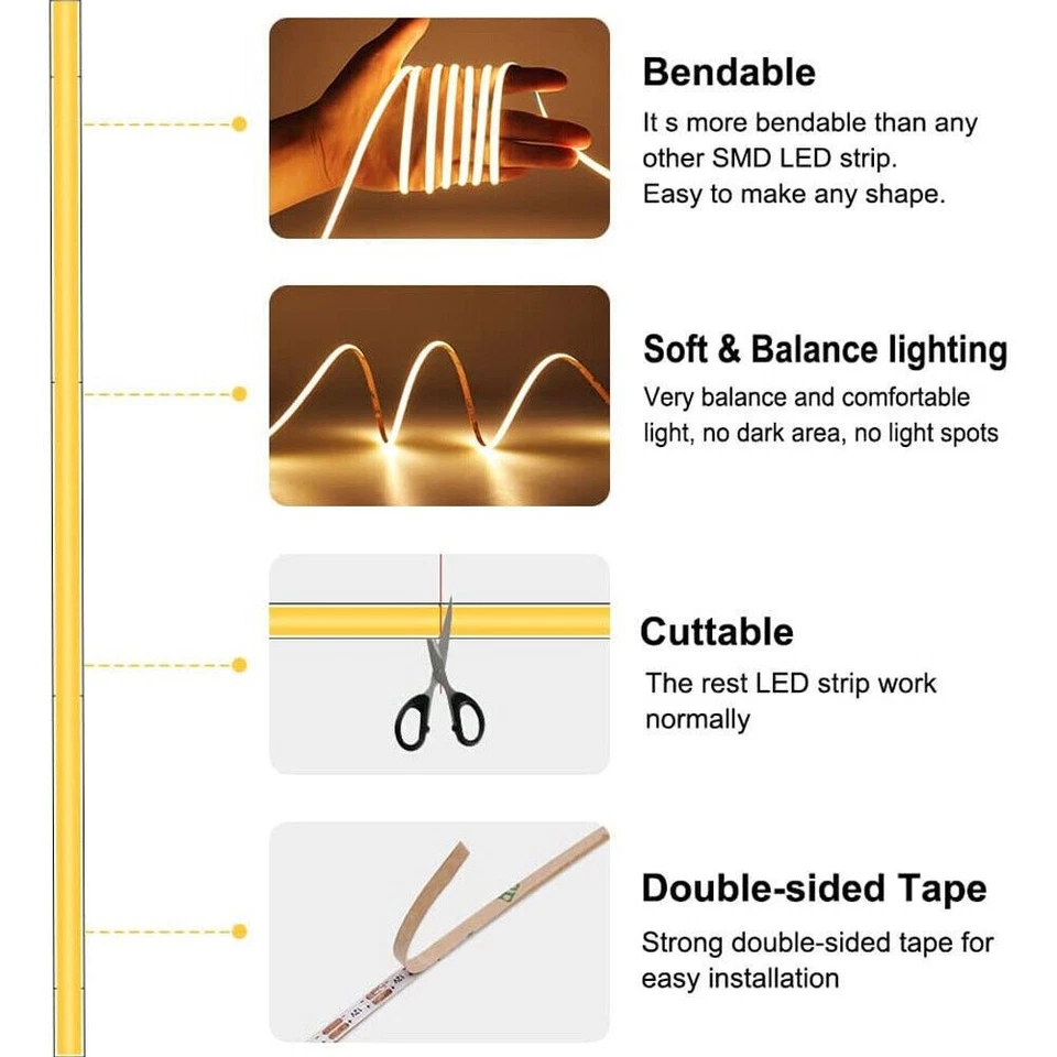 Super Thin 2mm COB LED Strip Light DC12V Lights Strip Ribbon Lamp Tape 480leds/m - Image 3 of 4