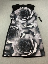 Tahari Arthur S Levine Dress Womens 14 Black White Floral Sheath Sleeveless