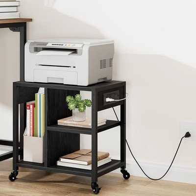 Printer Stand with Power Outlets,4-Tier Storage&Locking Wheels for Office Black