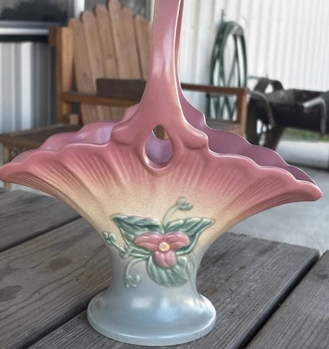 Vintage HULL Pottery Magnolia Floral Basket Vase RARE Pink Blue Matte Finish
