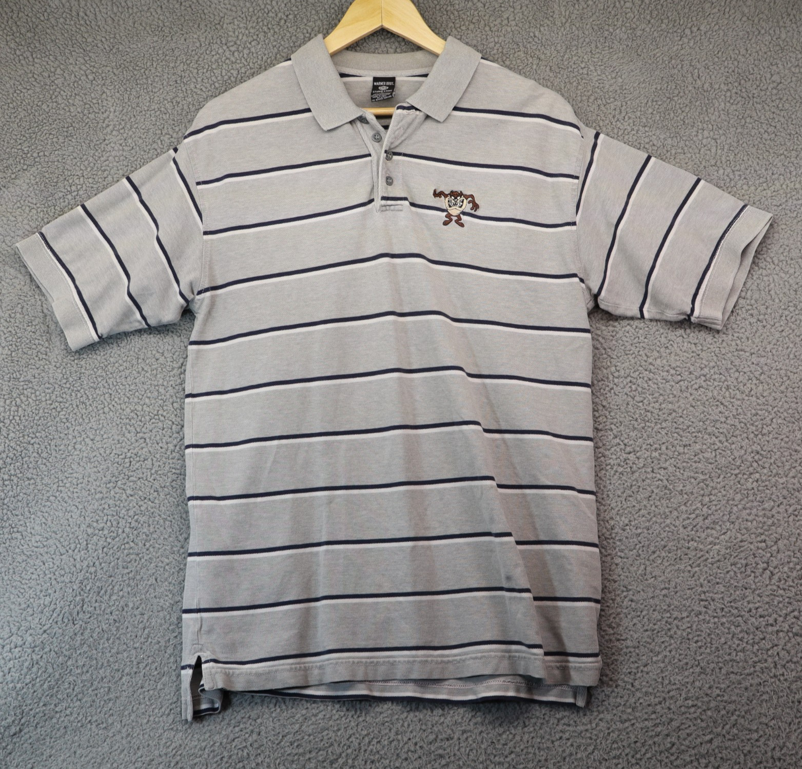 Looney Tunes Taz Polo Shirt Medium Grey Stripe Warner Bros Vintage 90s