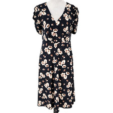 Tommy Hilfiger Dress Womens 10 Black Beige Floral Fit n Flare Stretch Knit Zip