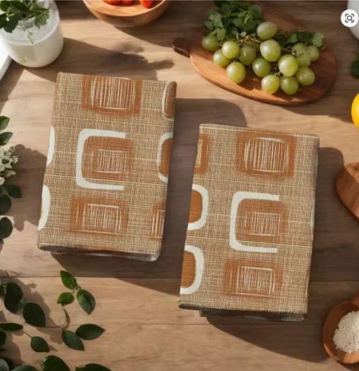 2PCS Kitchen Towels Dish Cloths Burnt Orange Mid Century Geometric Holiday - Image 4 of 4