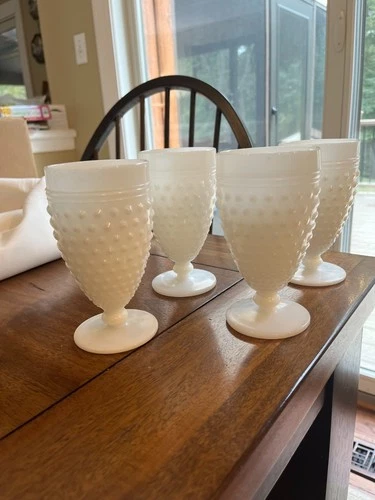 Vintage Anchor Hocking White Milk Glass Hobnail Goblets Water Glass 5.5" set/4