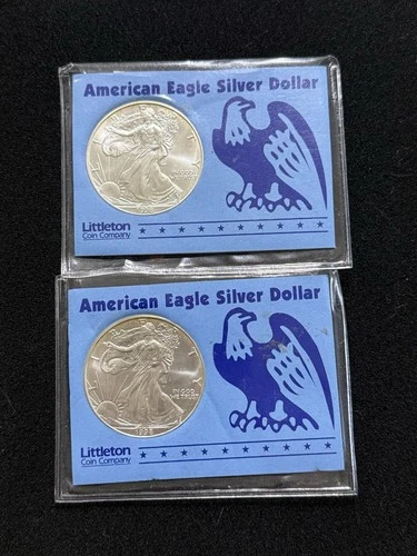 (2) SILVER AMERICAN EAGLE 1  TROY OZ EA UNC .999 LITTLETON COIN UNC 1998 LOT