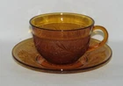 Anchor Hocking Glass SANDWICH Desert Gold Amber Cup and Saucer Set