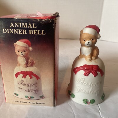 Christmas Decor Animal Dinner Bell Seasons Greetings Cat Santa Claus Hat 1992