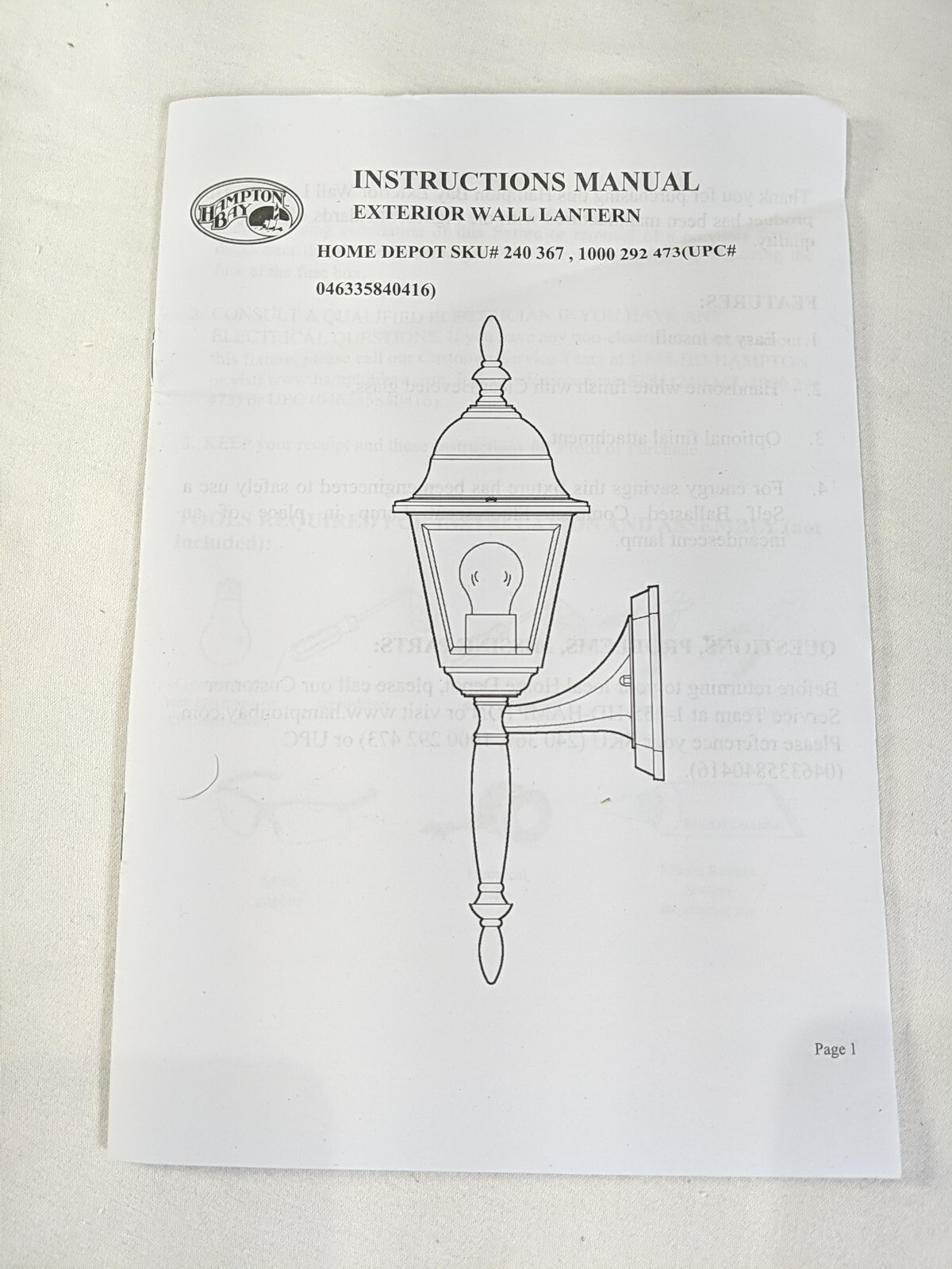 Outdoor lighting fixture, Hampton Bay Exterior Wall Lantern, Porch