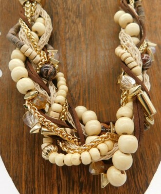 Laura Ashley Multi Media Wood Metal Bead Chain Crochet Gold Tone 26'' Necklace