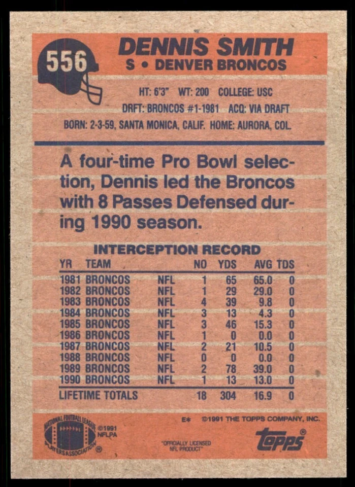 1991 Topps Dennis Smith Denver Broncos #556 - Image 2 of 2