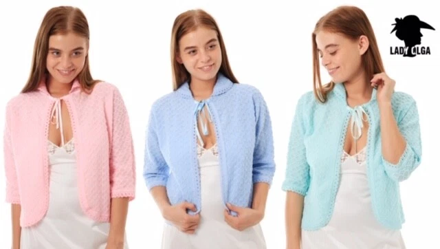 LADY OLGA Ladies knitted Crochet Design Open Front Bed Jacket Nightwear Size 10-28