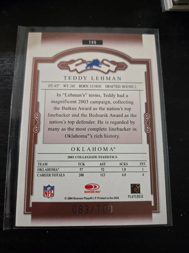 2004 Donruss Classics Timeless Tributes Red #195 Teddy Lehman #D /100 Lions SP - Image 2 of 2