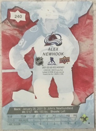 2021-22 Upper Deck Ice Premieres RED ROOKIE #240 Alex Newhook #d /399 FREE SHIP - Picture 2 of 2