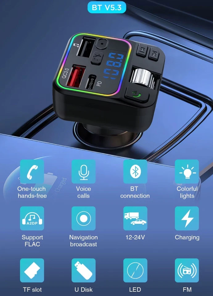 Bluetooth 5.3 FM Transmitter Auto USB C Adapter MP3 Radio Modulator Kfz Set - Bild 4 von 4