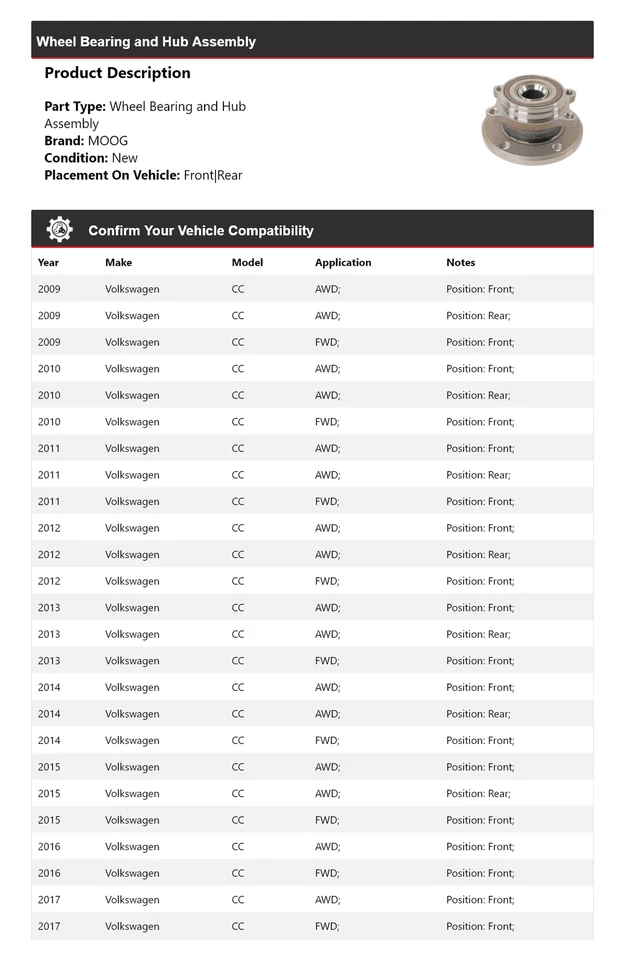 Conjunto de cojinete de rueda y buje para Volkswagen CC 2009-2017 MOOG 2009 2010 2011 Foto 2 de 4