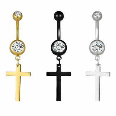 Surgical Steel Religion Cross Dangle CZ Belly Button Navel Ring Piercing Jewelry
