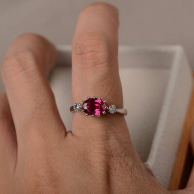 Pink Ruby Three Stone Lab Created Gemstone Sterling Silver Women Ring Duty Free