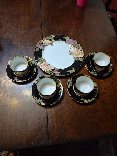 Fitz &Floyd Cloisonne Peony Black Set of (4) Flat Cups & Saucers 1 10" Plate