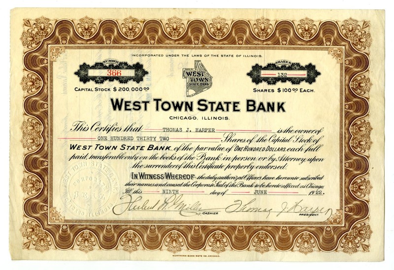 IL. West Town State Bank, 1922. 132 Shrs Capital Stock I/U Cert, SN 366. Fine-VF