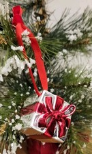 Silver Metal Christmas Present Red Bow Christmas Tree Ornament Shiny
