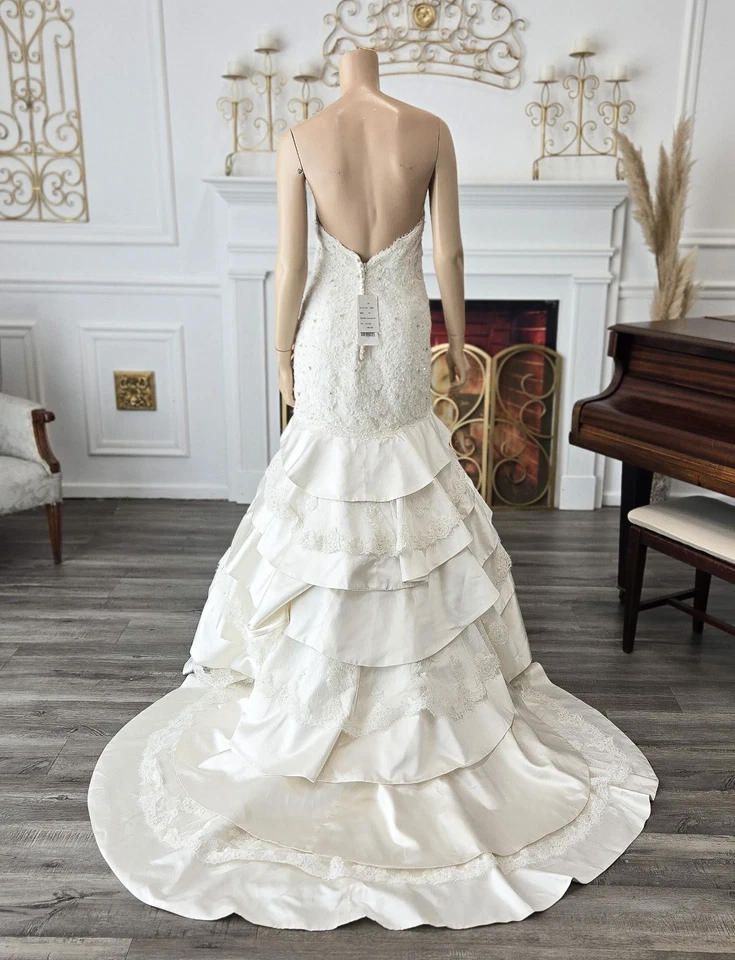 Christina Wu Ivory 15543 Tiered Alencon Lace Satin Sweetheart Wedding Dress 10 - Image 4 of 4