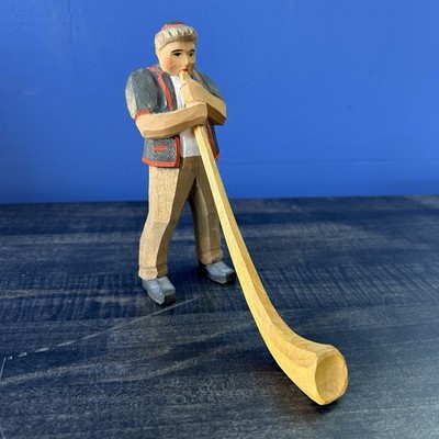 Vintage Hand Carved Wood Swiss Man Figurine Alphorn Player Switzerland Folk Art