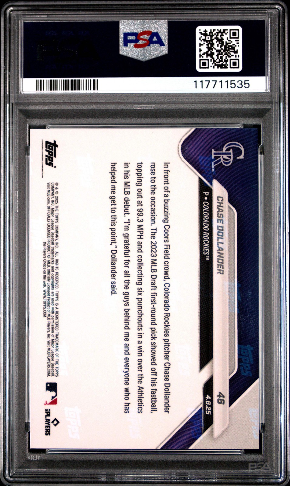 Graded 2025 Topps Now Chase Dollander #46 Rookie RC Baseball Card PSA 10 view 2