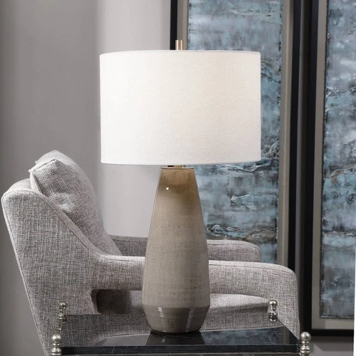 Farmhouse Table Lamp 27 1/2" Tall Taupe Gray Ceramic White Shade for Living Room - Picture 1 of 5