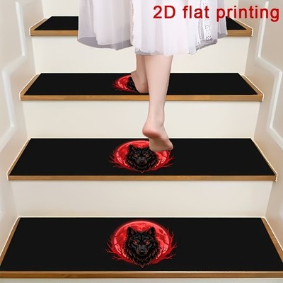 Red and Black Wolf Head Flame Pattern 2D Flat Stair Mat, Non-Slip Step Pad, Pr