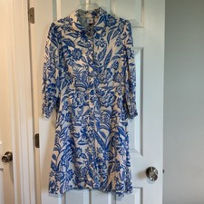 Cabi Womens Athena Floral Shirt Dress 3/4 Sleeve Sz Medium Button Up Beige Blue