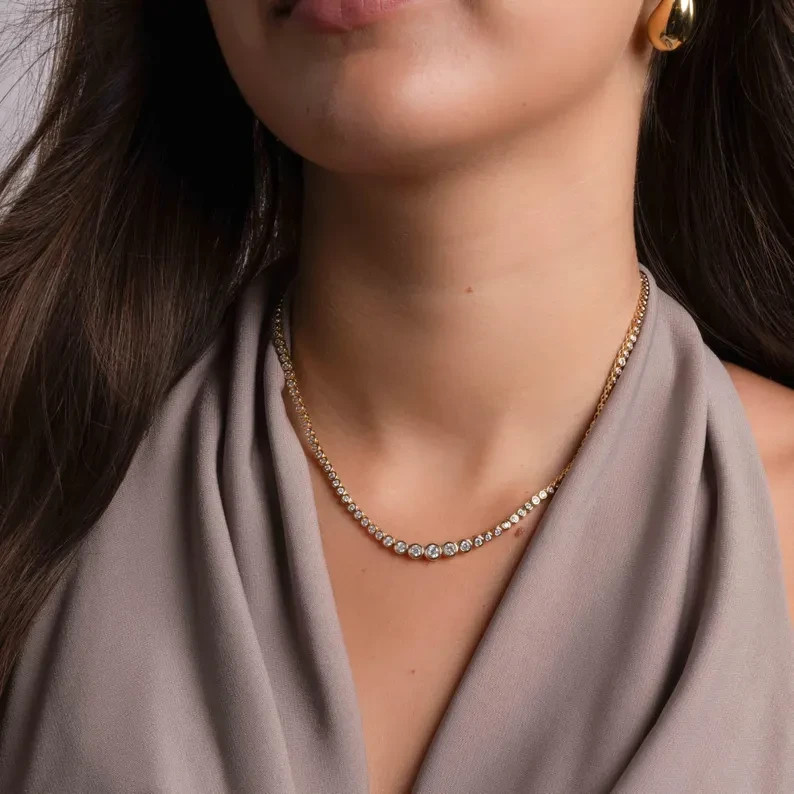Women's tennis Necklace lab Created Diamond 14K Yellow Gold Plated Round Cut