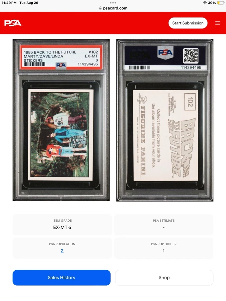 1985 panini back to the future 102 dave, linda & marty mcfly; family photo PSA 6 - Image 2 of 4