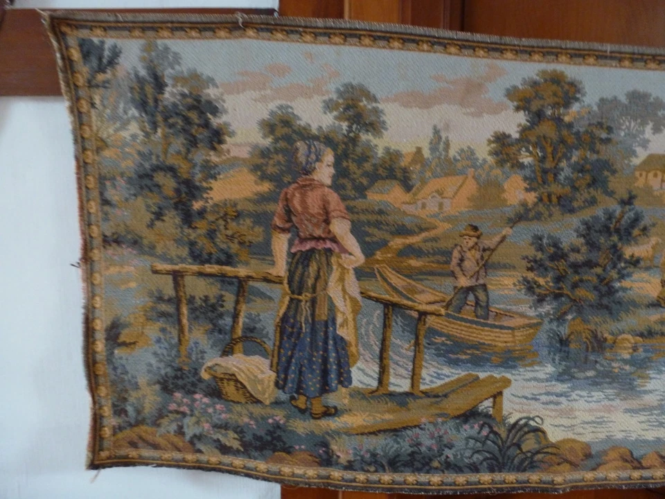 TAPISSERIE ANCIENNE MECANIQUE SCENE CAMPAGNARDE LAVANDIERES BERGER RIVIERE - Photo 2/4
