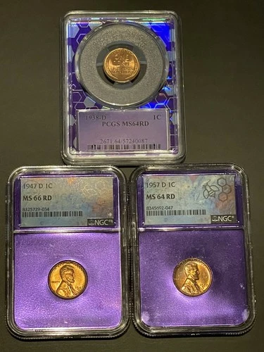1938-D 1C RD L  PCGS MS64RD , 1957 d ms64 NGC , 1947 d ms66 NGC trader bea