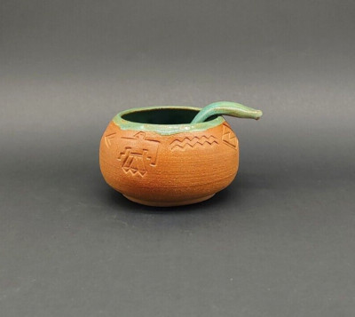 Vintage Ingridware Pottery 1993 Salsa Dip Bowl Spoon Set Native American Symbols