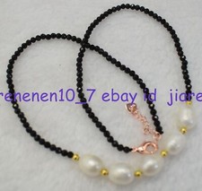 Natural 3mm Black Spinel  8-9mm Rice Freshwater Pearl Necklace 18in Z1790