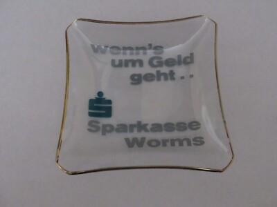 Vintage Sparkasse Bank Glass Dish / Ashtray - Worms, Germany - 5 1/8'' Square