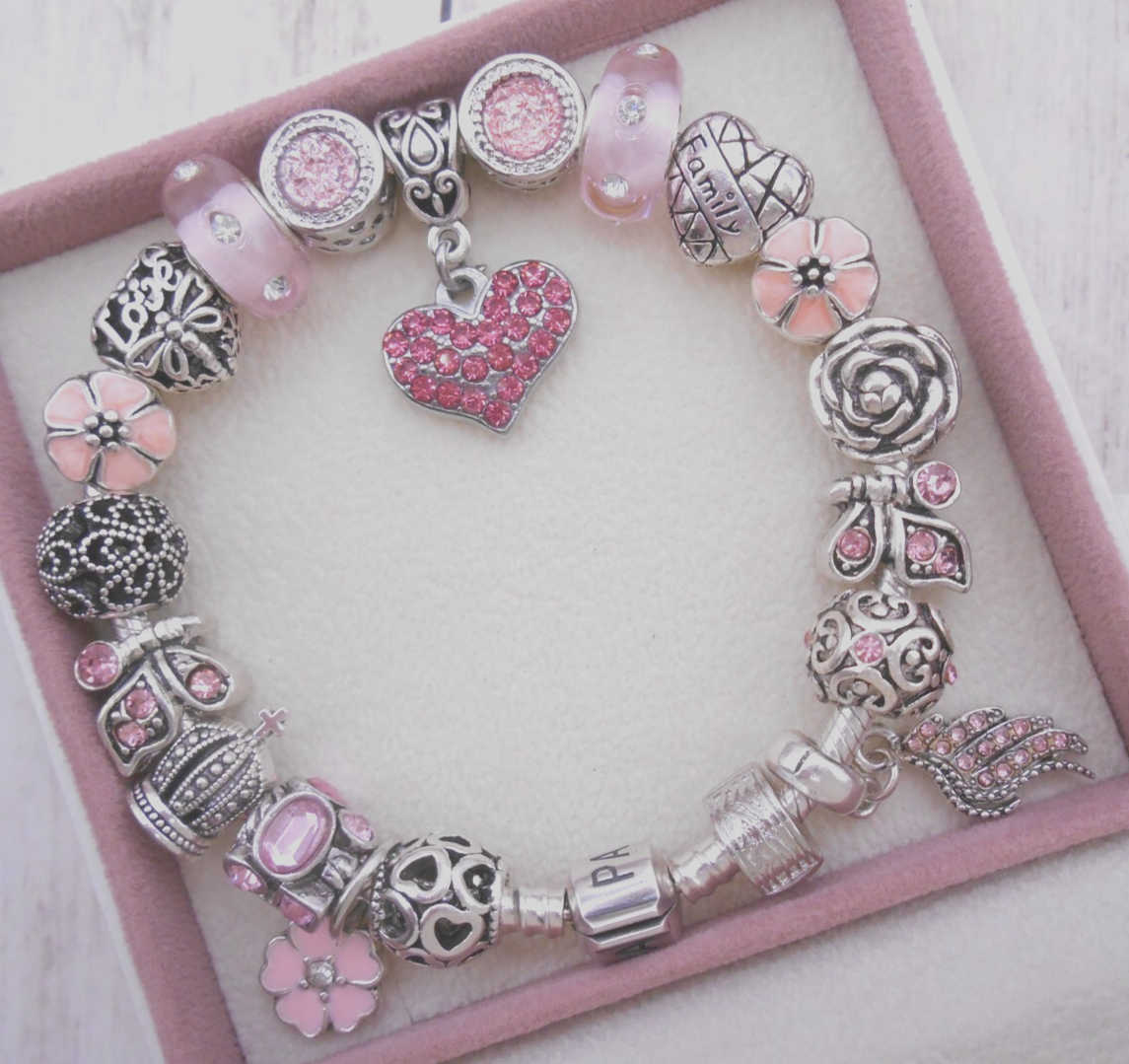 AUTHENTIC STERLING SILVER CHARM BRACELET PINK CRYSTAL HEART LOVE