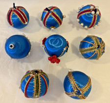 Vintage Lot of 8 Handmade Satin Beaded Crystal 3" Push-Pin Christmas Ornaments