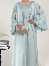 Elegant Women Open Abaya Cardigan Long Robes Turkey Maxi Dress Sets 2 Piece Gown