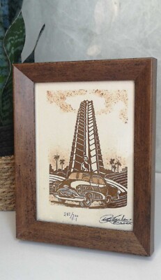 Rafael Sanchez Ruiz Linographischer Druck MIAMI ARCHITECTURE INK SEPIA 50er signiert